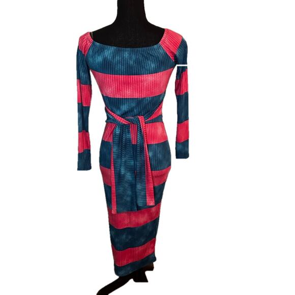 Magia Blue Pink Striped Midi Dress – Tie Waist, Stretch Fit - Picture 3 of 6